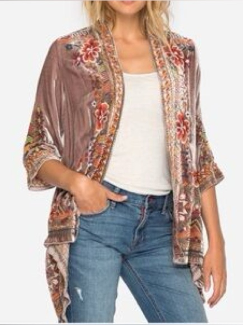 Johnny Was Waleska Velvet Silk Draped Cardigan S Rose Kimono Embroidered Boho - Picture 5 of 15